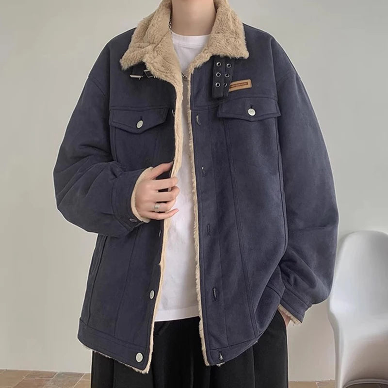 New American Fleece-lined Men Padded Jackets Luxury Harajuku Long Sleeve Streetwear Winter Trendy Chic Turn-down Collar Coats voguable