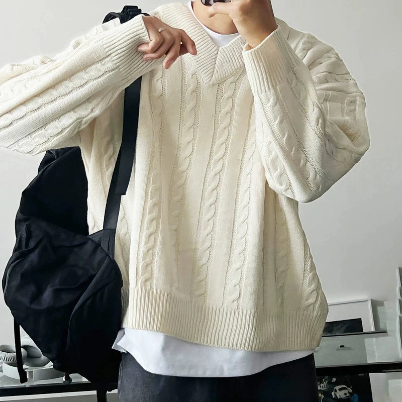 New American Retro Men Jacquarded Sweater Casual V Neck Solid Color Long Sleeve Knitwear Premium Quality Knitted Pullovers M-2XL voguable