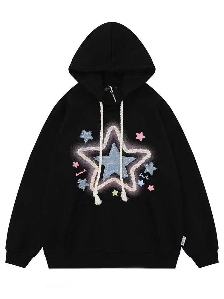 Vintage Star Print Hoodies Women Streetwear Loose Long Sleeve Sweatshirts American Retro Bf Casual Harajuku Pullover Tops voguable
