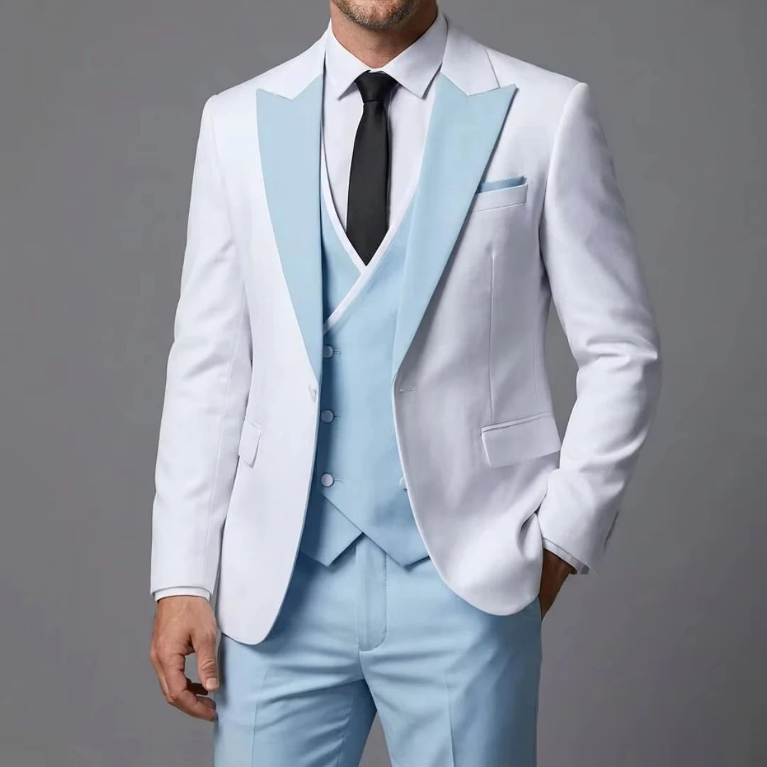 Voguable  Men Suit Sky Blue White 3 Pieces With Lapel For Wedding Groom Party Prom Birthday Banquet Business Work Set Jacket Vest Pant voguable