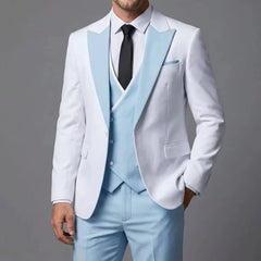 Voguable  Men Suit Sky Blue White 3 Pieces With Lapel For Wedding Groom Party Prom Birthday Banquet Business Work Set Jacket Vest Pant voguable