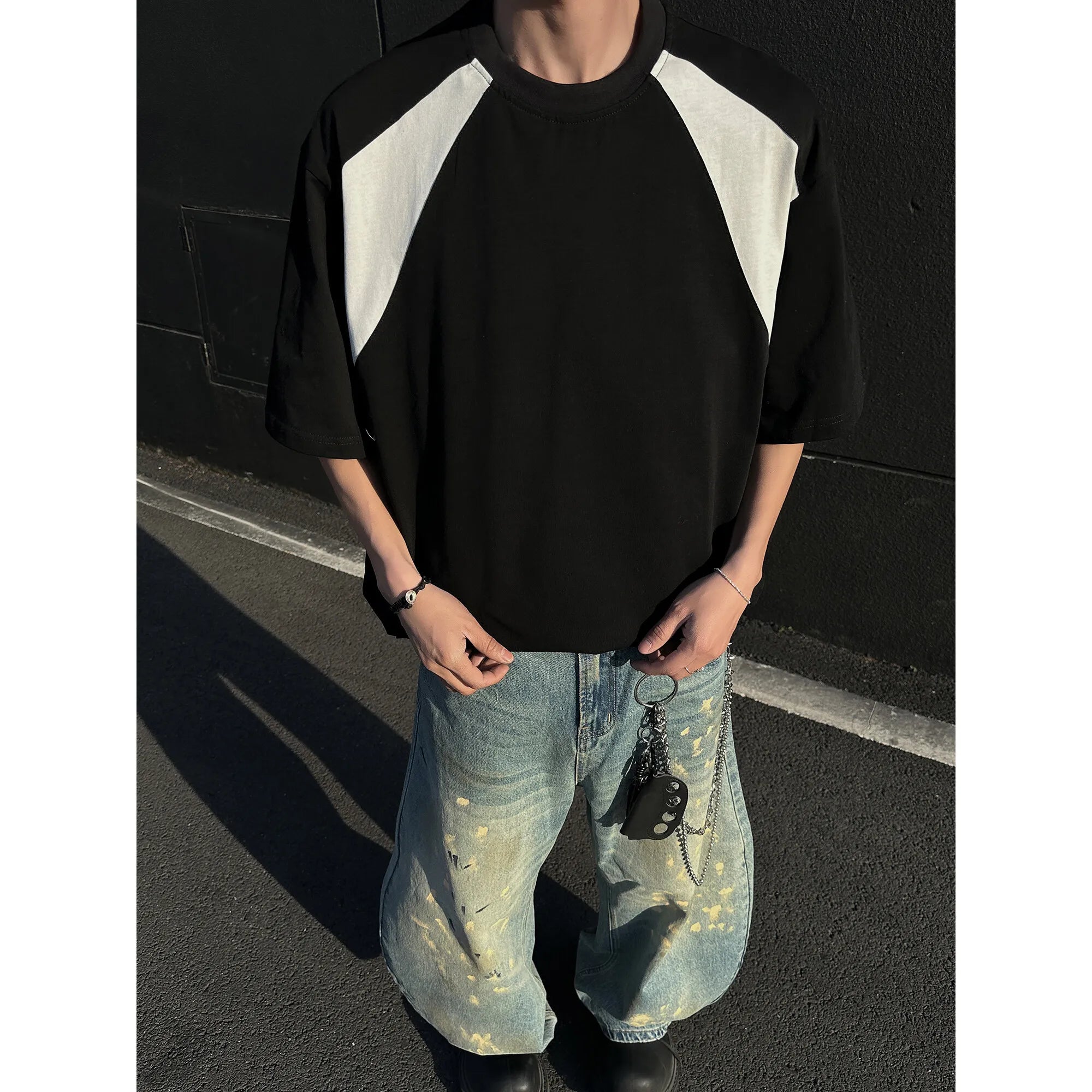 Mens Breathable Cotton Tshirt man Soft Summer Casual Slim Fit Contrast Panel Simpl Design Streetwear Fashion Tee Line Texture voguable