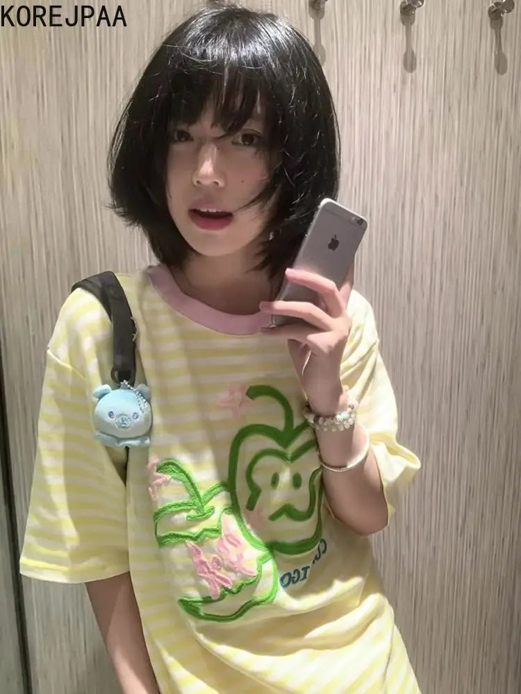Apple Embroidery T Shirt Women Korean Style Striped Short Sleeved T-shirts Summer Y2k Clothes Gentle O Neck Tees Top voguable