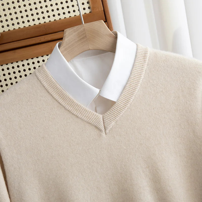 Men 100% Merino Wool Sweater V-Neck Pullover Autumn Winter Cashmere Warm Solid Knitwear Clothes Business Bottoming Soft Tops voguable