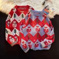 New Year warm pullovers round neck sweater women street stitching Christmas tree jacquard sweater ins couple loose in winter voguable