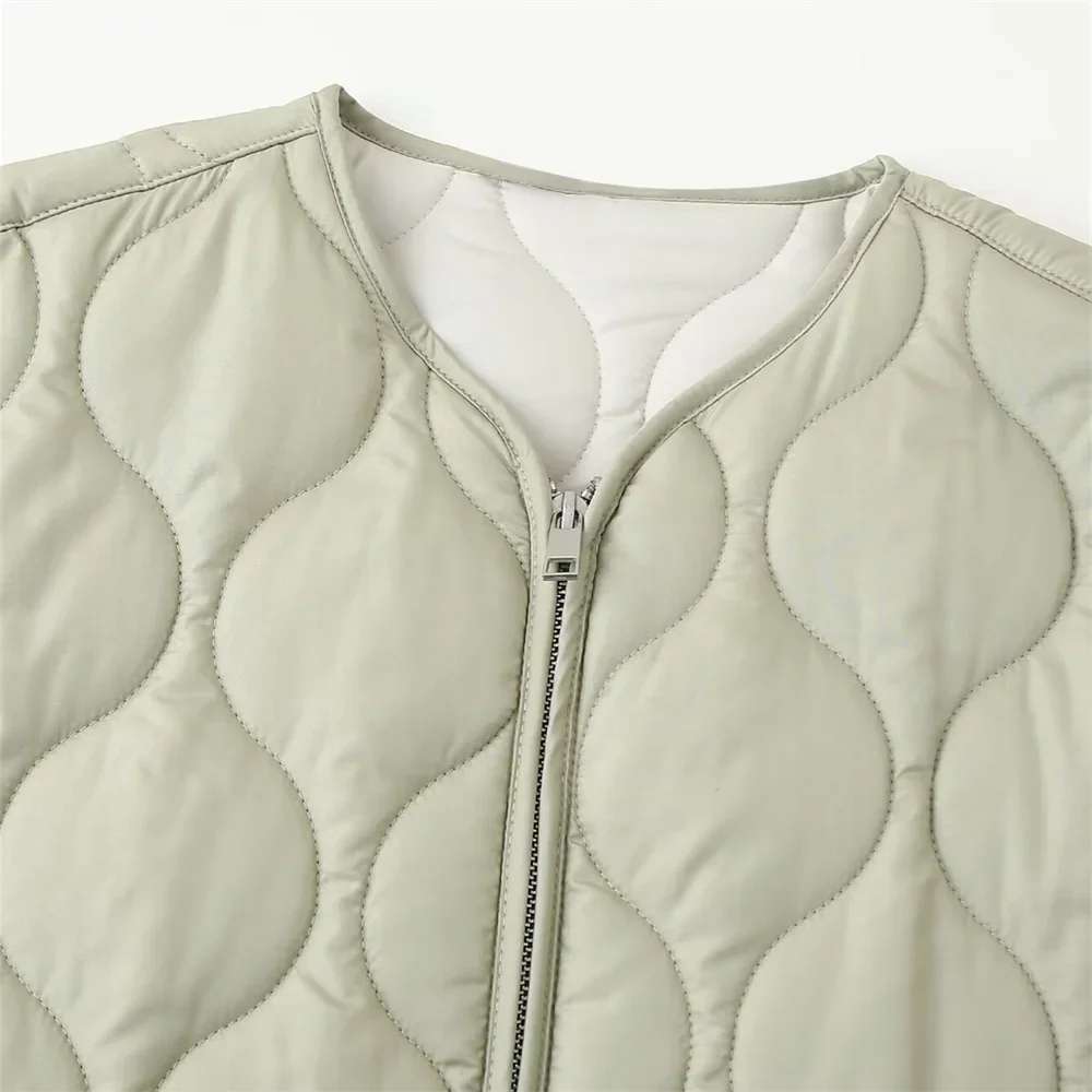 Autumn New Women's Clothing Style Round Neck Loose Lightweight Pocket Decoration Cotton Jacket Quilted Coat Pbong