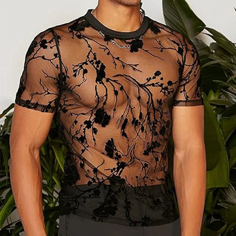 Summer Men's Clothing Mesh Lace Knit T-shirt Streetwear Hollow-Out O Neck Sweater Short Sleeve Tees Rose Printed Luxury Knitwear voguable