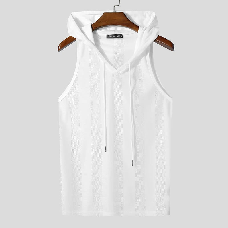 Men Tank Tops Striped Mesh See Through Sexy V Neck Sleeveless Male Vests Hooded Streetwear 2025 Fashion Men Clothing voguable