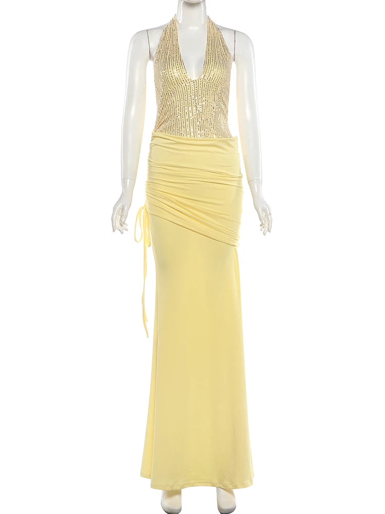 Voguable  Patchwork Dress Women Fake Diamond Decoration Halter v-Neck Backless Folds Elegant Dinner Party Vacation Vestidos voguable