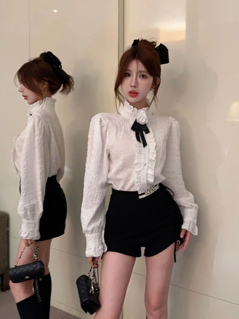 3D Floral Bow Shirt Women Elegant Long Sleeve Retro Korean White Blouse Casual Design Female Vintage Sweet Tops Spring New voguable