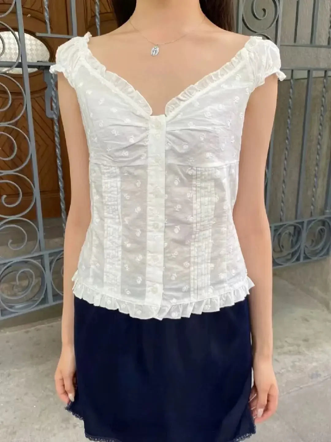Voguable  Yellow Sweet Folds Blouse Casual Single Top Women Breasted Ruffle Sleeveless Tank Cute Casual Tops Vest Preppy Style Camis Y2K voguable