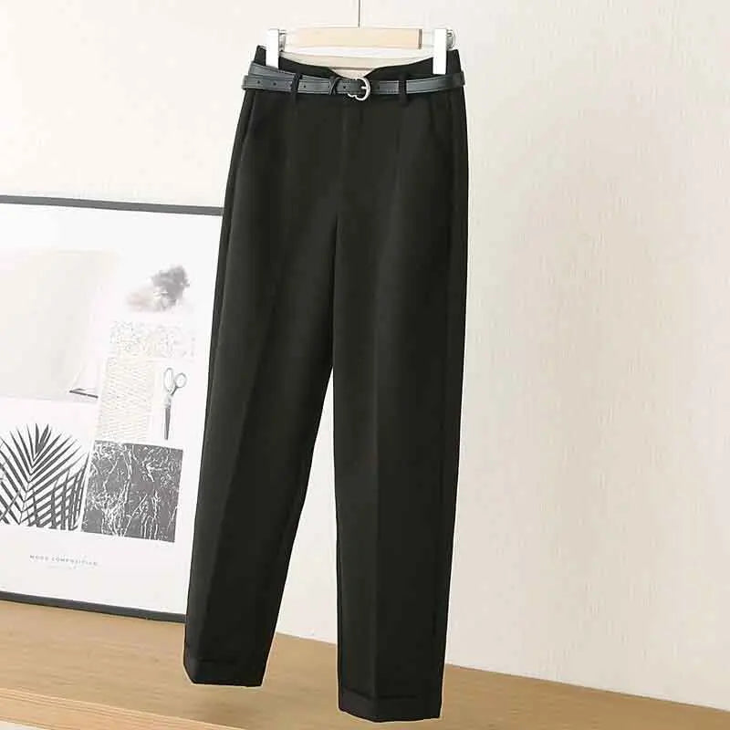 Fall Warm Woolen Belt Harem Pencil Pants Women High Waist Ankle Length Casual Suit Pants Korean Chic Office Lady Trousers voguable
