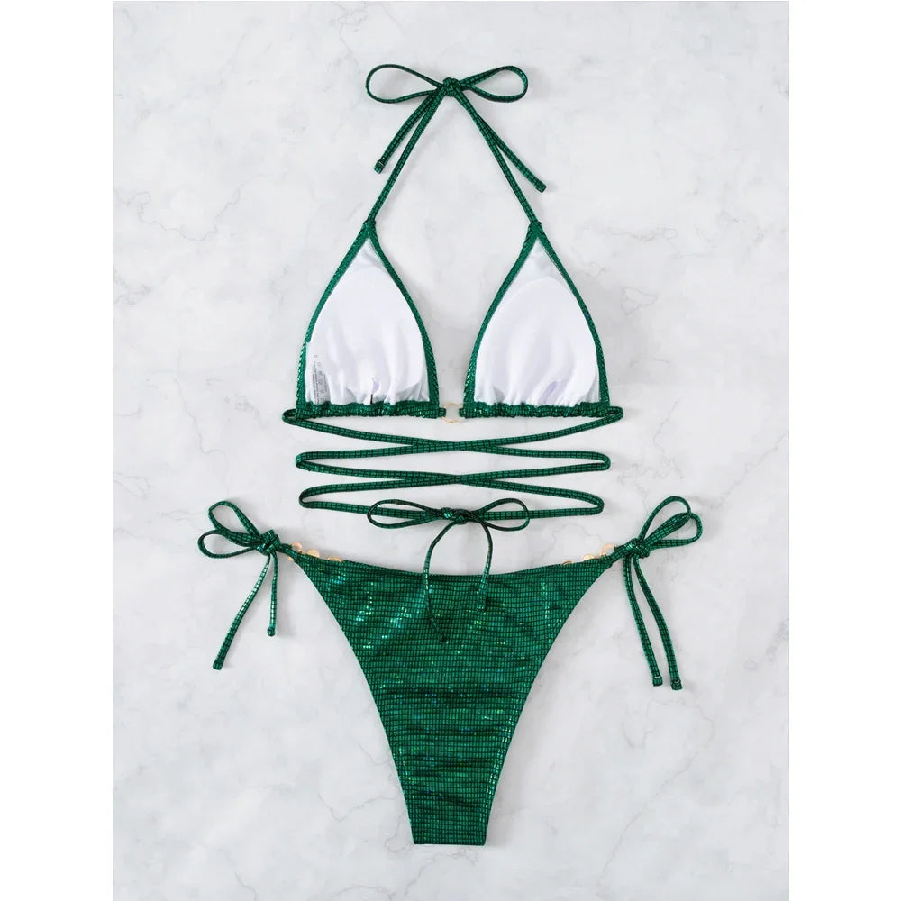 Voguable  Green Shiny Bikini Women 2-piece Low Waist Swimsuit Sexy Triangle Cup Suspender Backless Bathing Suit Summer Beach Swimwear voguable