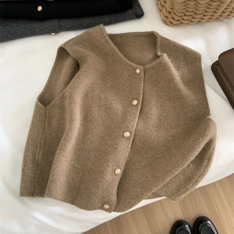 Crew Neck Women's Korean Solid Button Short Sleeve Cardigan Coats Sweater Knitted Sleeveless Ladies Elegant Tanks Bottoming voguable