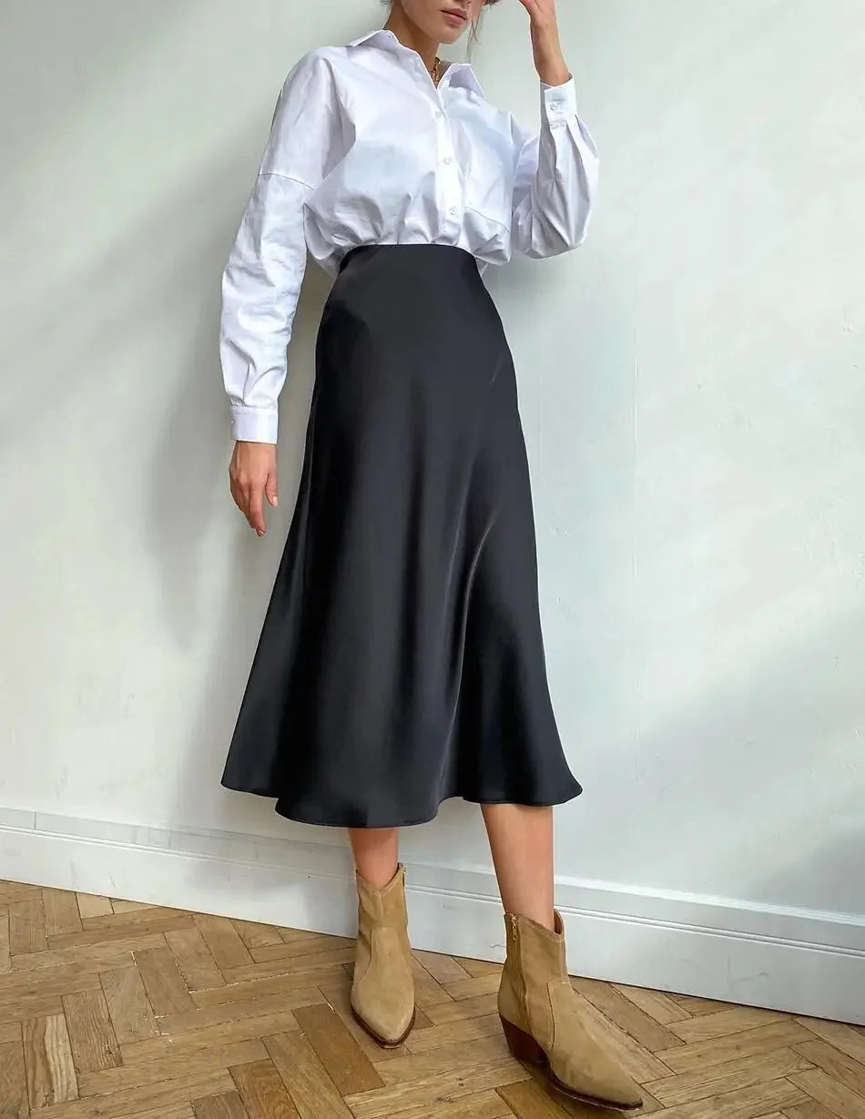 Silk Satin Skirts for Women Korean Style Champagne Office High Waist A- line Skirt Fashion Elegant Solid Long Pencil Skirt 2024 voguable