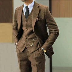 Voguable  New Men's Suits Wedding Tuxedo in Brown Tweed 3-Piece Fishbone Smoking Suit with Notched Lapel Business Tweed Aesthetic Tailored voguable