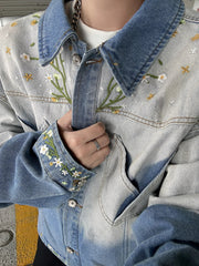 American Gradient Floral Embroidered Denim Jackets Men Women Korean Version Heavy Loose Tops Trendy Design Jackets Aesthetic voguable