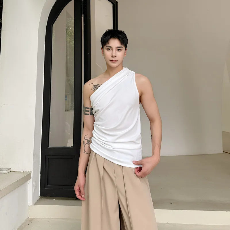 Voguable  Personalized Trendy Slant Shoulder Slim Fit Sleeveless Vests Original Plain Men's Street Tank Tops voguable