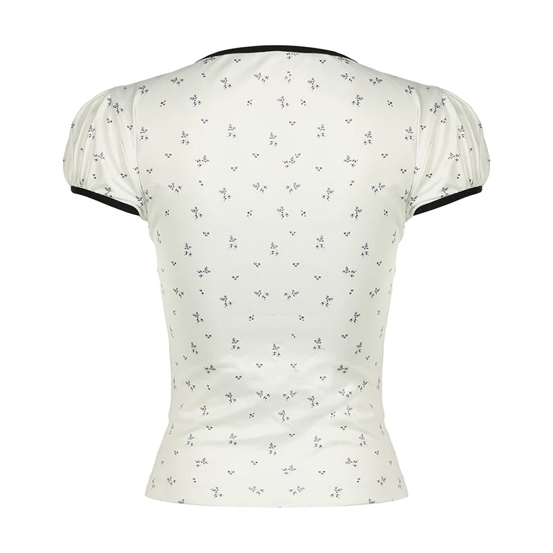 Voguable  Y2K Floral Print T-shirt Women's Summer Contrast Color Lace-up Square Collar Short Sleeve Tops French Style Cute Tees voguable