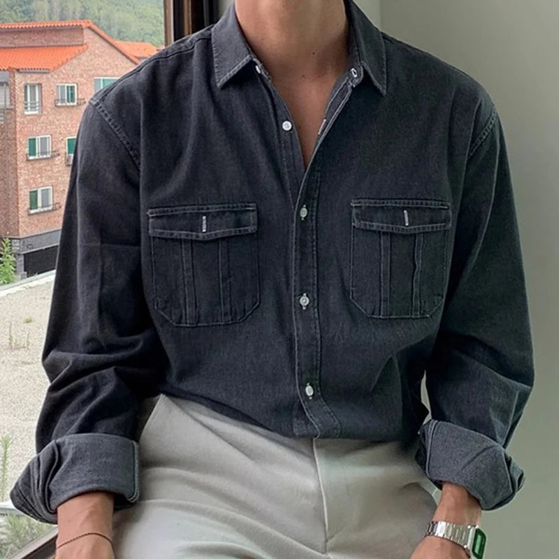 Autumn Clothing Men's Denim Long-sleeved Pocket Shirt Casual Korean  Popular Button-down Streetwear Luxury Stylish Outerwear voguable