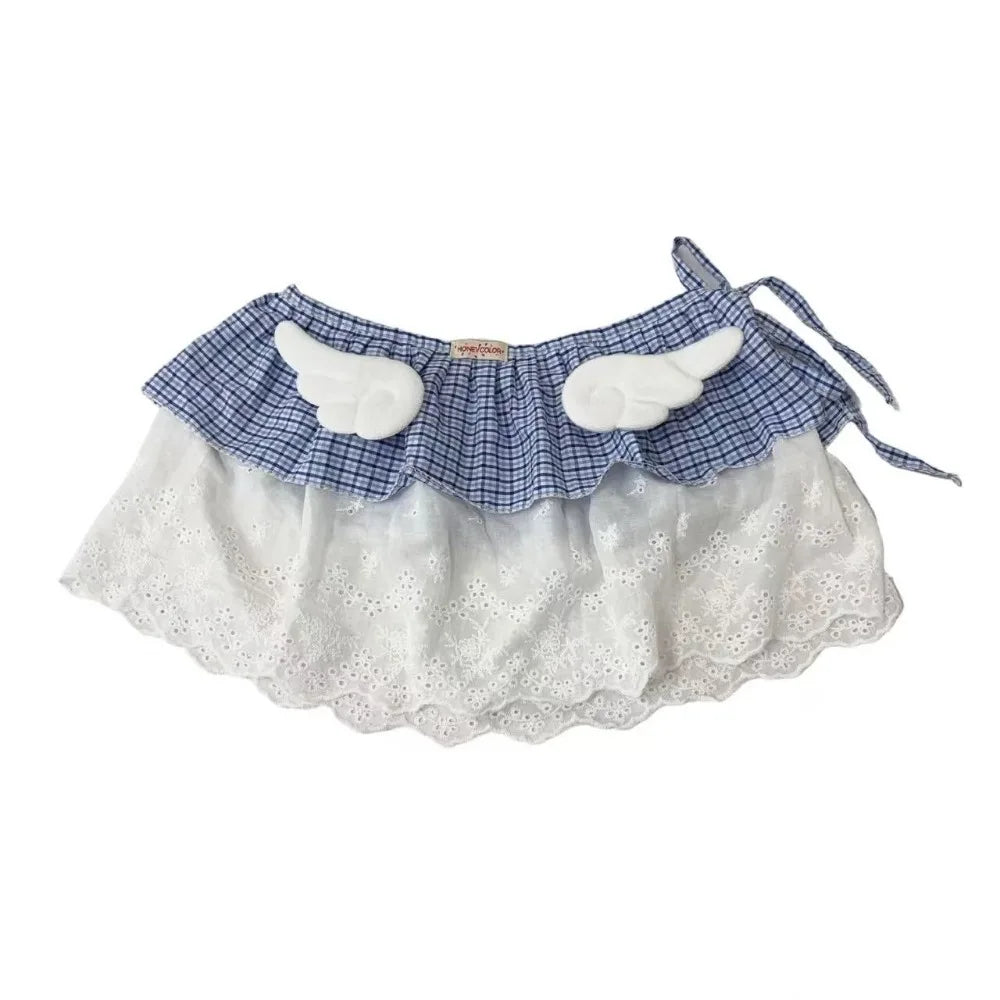 Voguable  Japanese Plaid Lace Fart Curtain Sweet Fresh Cake Flower All-match Slim Skirt French Panelled Minority New Women Faldas voguable