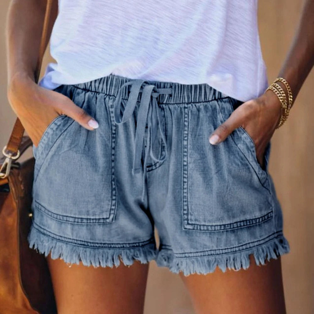 Voguable  Women’s Denim Shorts Drawstring Elastic Waist Frayed Hem Short Pants Summer Casual Vintage Hottie Girls Loose Jeans with Pockets voguable