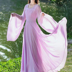 Voguable  Elegant Chiffon Hanfu Style Dress for Women Square Neck Wide Flare Sleeve Flowy Maxi Traditional Chinese Dress for Cosplay Y2K voguable