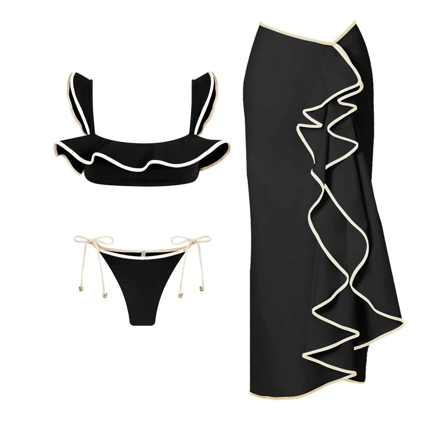 Sexy 3 Pieces Bikini Set Women Swimsuit With Midi Skirt Ruffle Swimwear Female Patchwork Biquini Elegant Bathingsuit Beachwear voguable