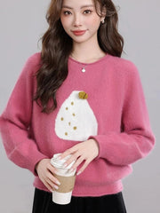 Chic Print Sweet Sweaters Women Casual Preppy Style Cute O Neck Pullover Loose Long Sleeve Fashion Fall Winter Korean Jumper New voguable