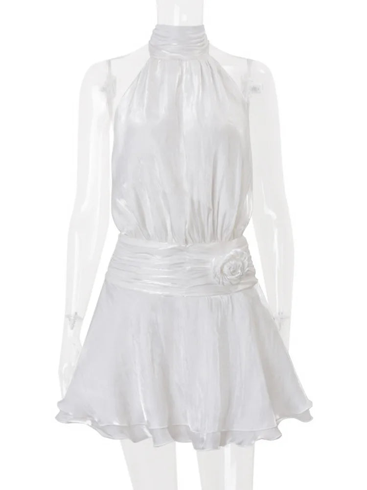 Chiffon Flower Backless Sexy Mini Dress Women White Halter Sleeveless A-line Ruffle Club Party Dress Elegant Fashion voguable