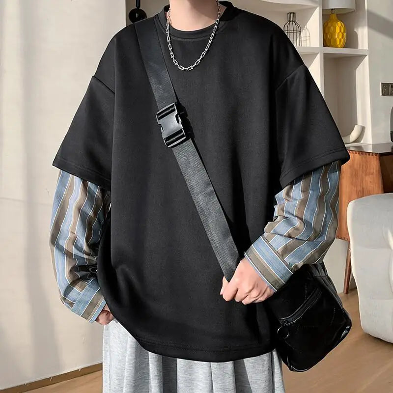 Voguable  plus Size Men's Striped Crew Neck Sweatshirt - M-XXXXXL Oversized Fit Fake Two-Piece Trendy Layered Look Long Sleeve Clothing voguable