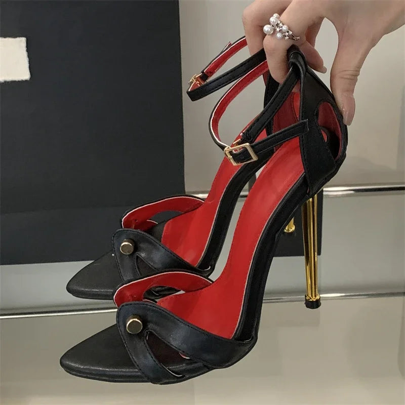 Voguable  Street Style Rivet Pointed Toe Women Sandals Fashion Summer Buckle Strap High Heels Party Prom Stripper Shoes voguable