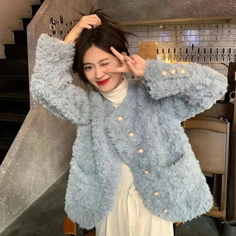 Women Sweet Cute Faux Lamb Coat Winter Warm Thick Slim Long Sleeve Vintage Jacket Korean O Neck Elegant Pearls Buttons Tops New voguable