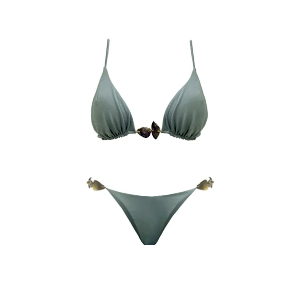 3Pcs Shiny Button Biquini Sexy Bikini Women Swimsuit 2025 Female Swimwear Bandeau Swimming Suit Bodysuit Swim Suits Beachwear voguable