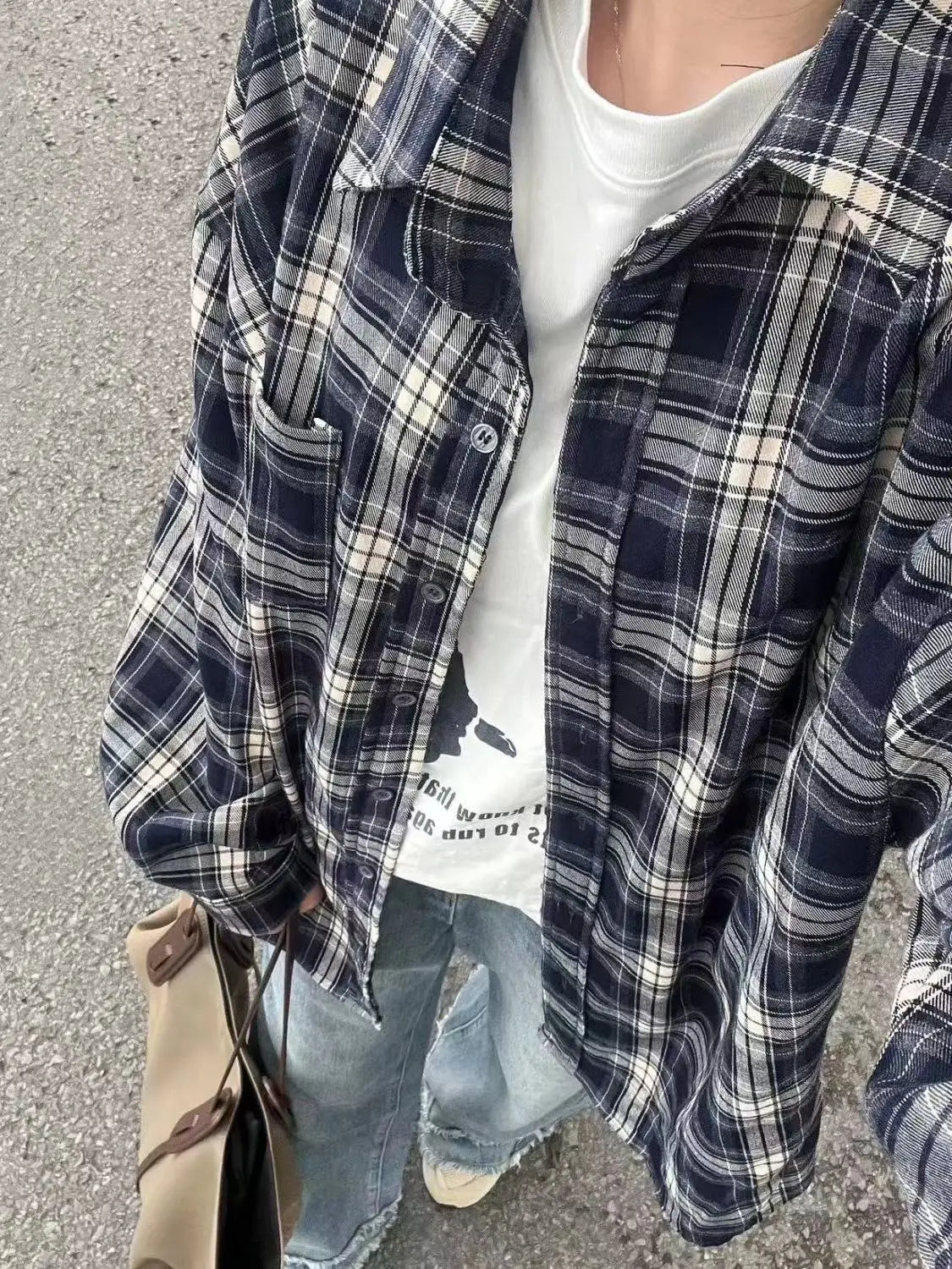 Vintage Plaid Shirt Women Loose Casual Medium Length Preppy Style Shirts Fashion Single Breasted Lapel Pocket Oversize Shirts voguable