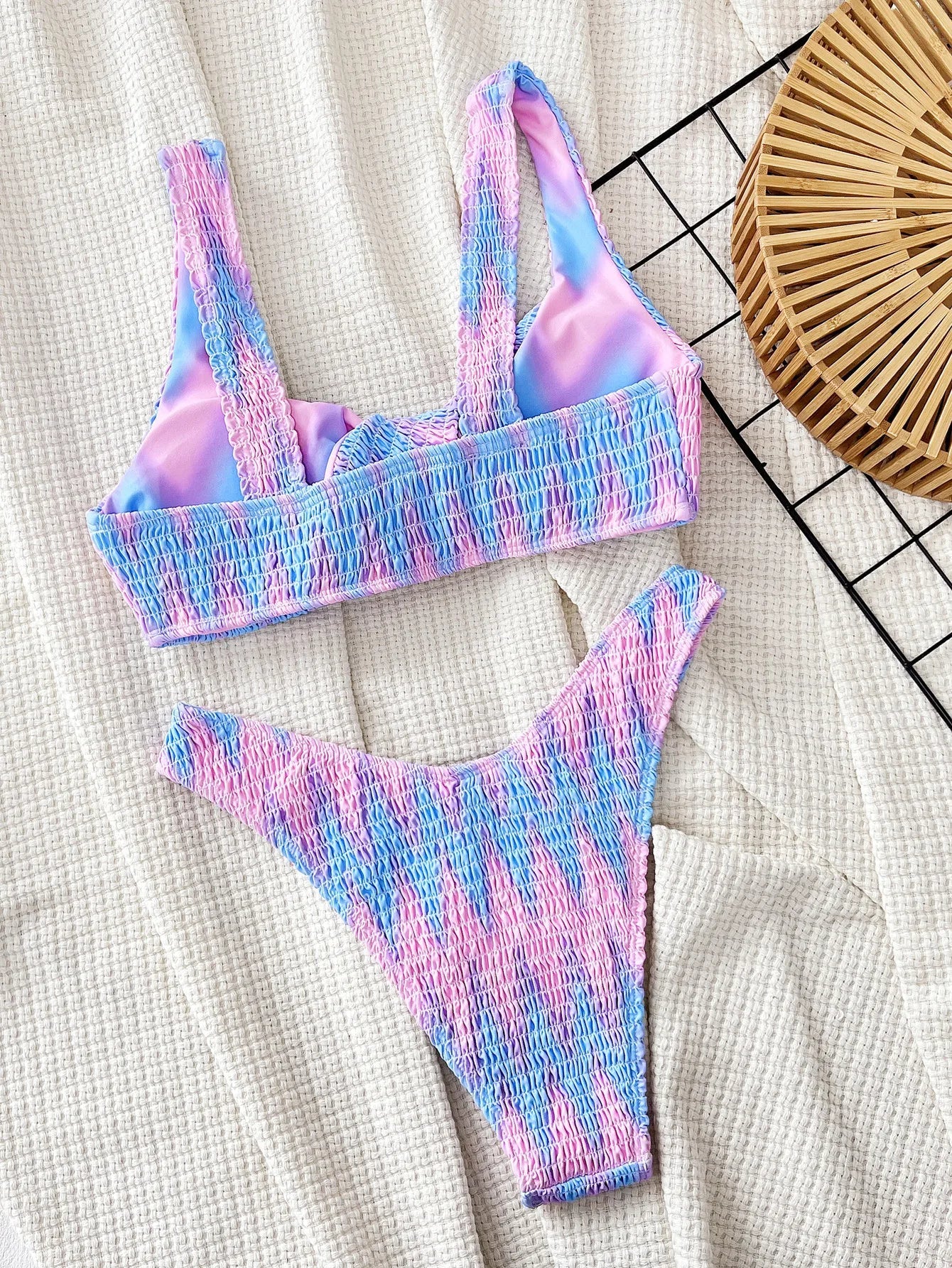 Voguable  Blue Pink Tie Dye Printed Swimsuit for Women Cross Knot Two Piece Bikini Set Suspender Backless Beach Vacation Bathing Suit voguable