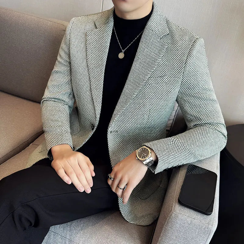 Voguable  Men's Casual Checkered Suit Jacket High-quality Korean Luxury Business Slim Fit Blazer Wedding Groom Tailcoat Suit Size 4XL-M voguable