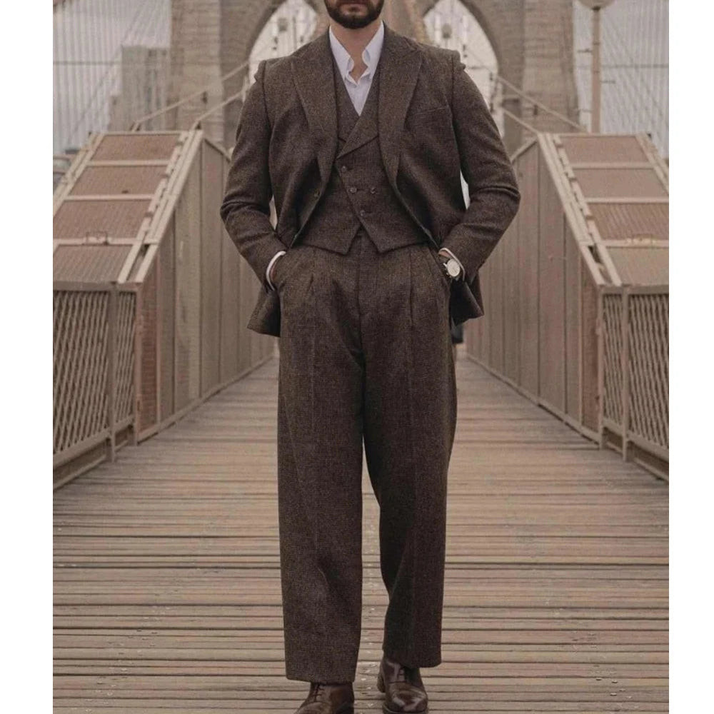Voguable  Italian Vintage Wool Bblend Men's suit 3pc Set Suit Jacket Vest Pants High Quality Men's Wool Suit Set Sports Casual Suit Coat voguable
