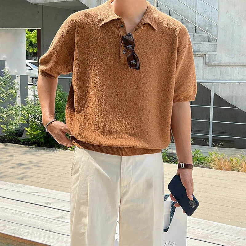 New Summer Simple Retro Men Polo Shirt Leisure Vintage High Quality Knit T-shirt Casual Korean Style Loose Breathable Tops M-2XL voguable