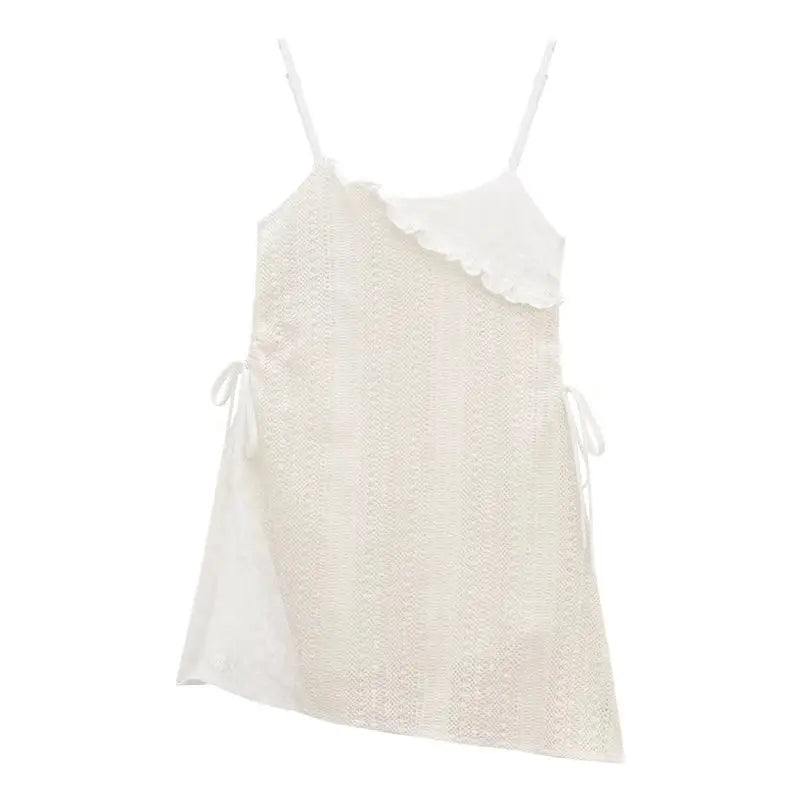 Voguable 2024 Spring New Korean Hollow Loose Casual Asymmetric Lace Sling Dress Women + Solid Color Long-sleeved T-shirt Two-piece Suit voguable