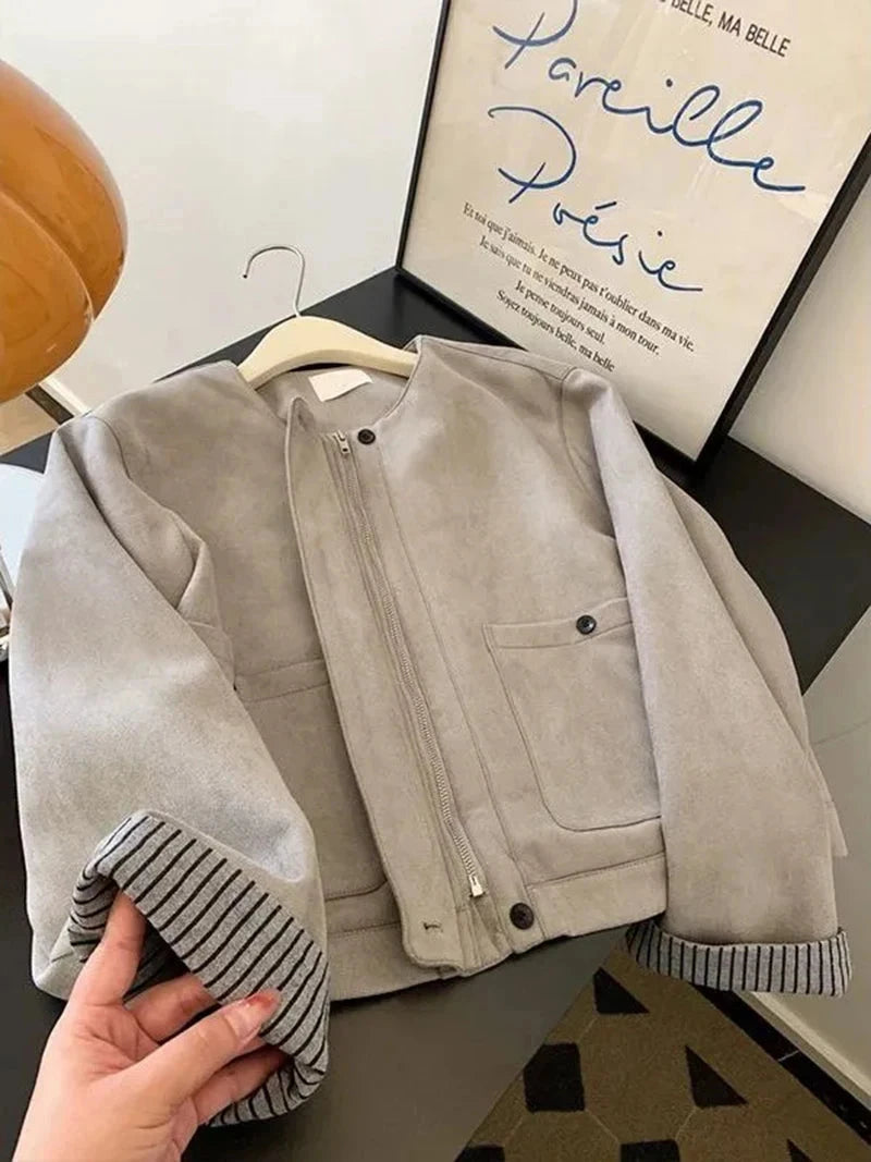 Women Faux Suede Y2K Jacket American Retro O Neck Long Sleeve Casual Coat Retro Casual Harajuku Streetwear Fall Winter Tops voguable