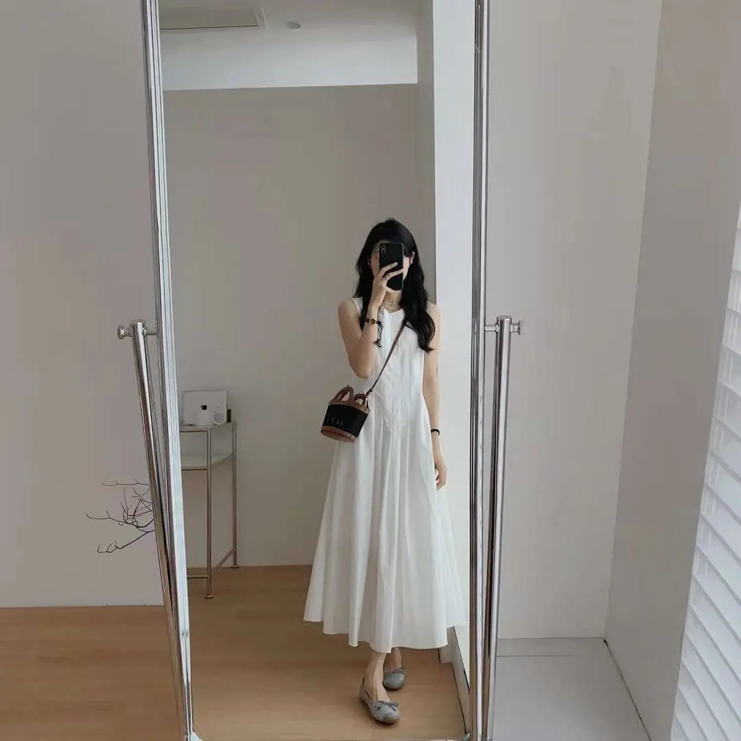 Voguable Women Casual Sleeveless Round Neck Solid Color Dresses 2023 Summer Japan Style Loose Fit High Waist Camisole Elegant Dress voguable