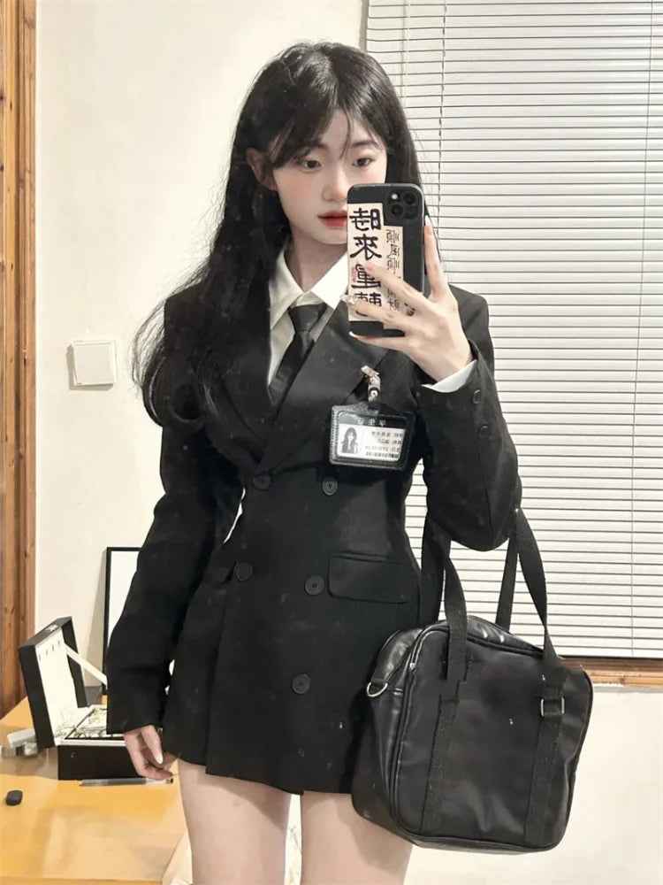 Voguable  Black Korean Two Piece Dress Set Women Casual Polo Blouse + Dress Coat Set Female Slim Vintage Elegant Dress Suit 2024 New voguable