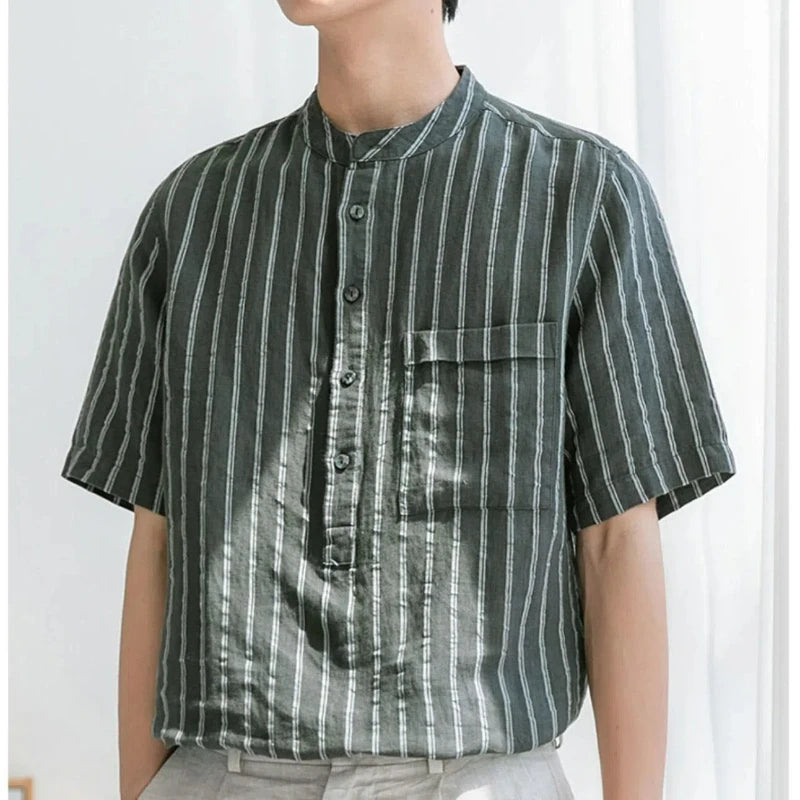 Voguable  Men Clothing Trendy Japanese Style Vintage Striped Print Short Sleeve Shirt Summer Simple Casual Stand Collar Loose Cotton Tops voguable