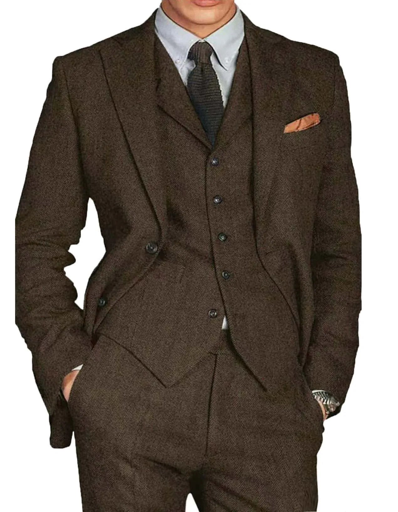 Voguable  Retro Tweed Herringbone Suit Men's  Slim Fit Single-breasted 3 Pieces Mens Suit Groom Dress Tuxedos Prom Suit Jacket Vest Pants voguable