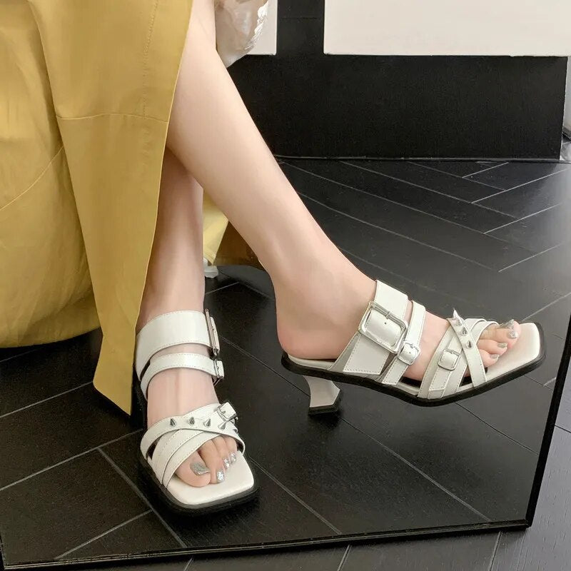 New Thin High Heels Women Slippers Elegant Concise Narrow Band Office Ladies Party Prom Split Leather Sandals Shoes Woman voguable