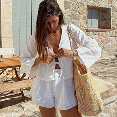 ALOBEE Loose Lace Up Bow Shirt Women Elegant V Neck Long Flare Sleeve Lady 2024 New Spring Summer Simple High Street Female Tops voguable