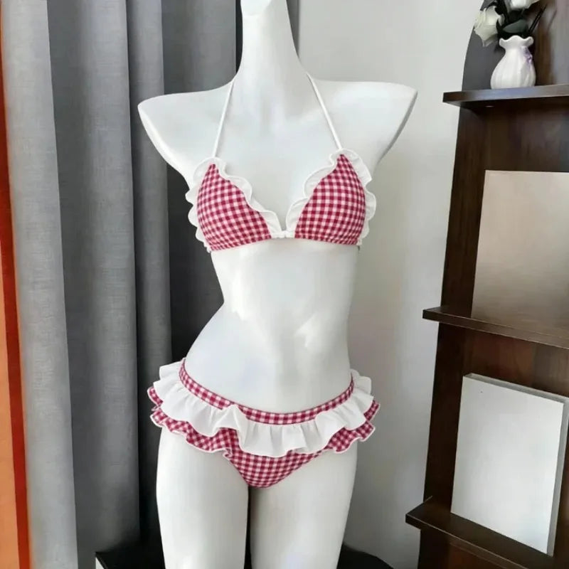 Voguable  Japanese Style Kawaii Girls Swimsuit Sweet Printed Halter Bikini Swimsuit Women Ruffle Bikini Set Bather Bathing Suit Swim voguable