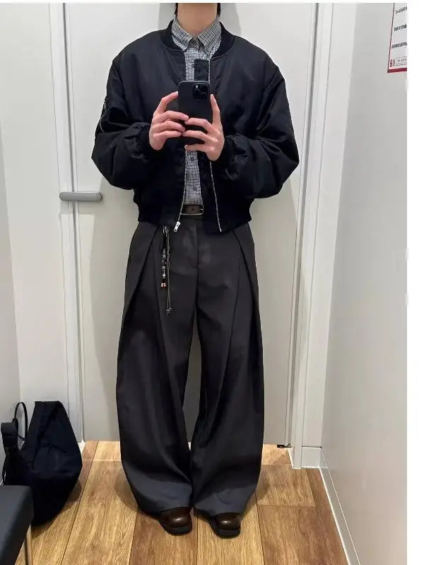 Voguable  Retro Korean Style Men's Casual Pants Knife Shape Drapey Design Pleated Loose Straight Leg Wide Leg Casual Pants voguable