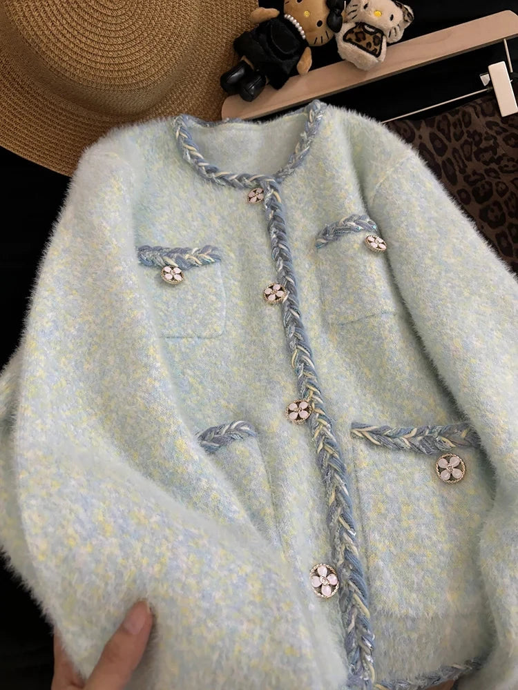 Faux Mink Cashmere Cardigan Coat Women Loose Sweet Long Sleeve Korean Knitted Jacket Sweater Fall Winter O Neck Cute Fashion Top voguable